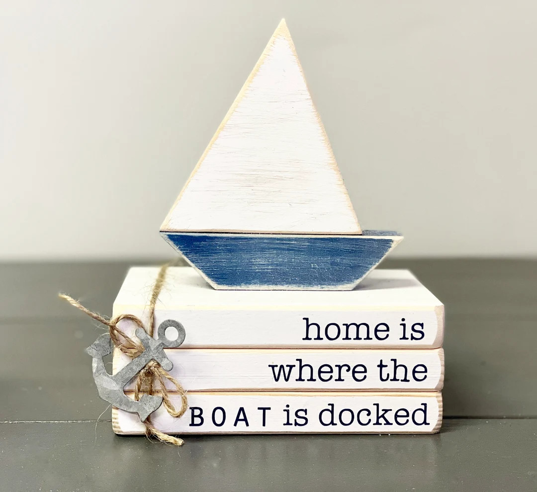 Nautical book stack, Wood sailboat, Handmade,  Nautical decor, Lake house, Cottage, Tiered tray d... | Etsy (US)