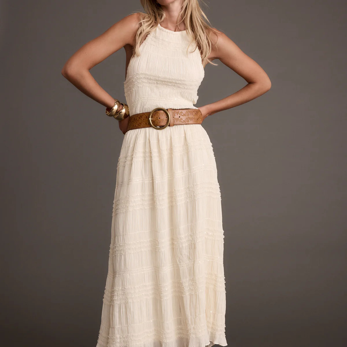 Quinn Ivory High Neck Shimmer Chiffon Maxi Dress | 12th Tribe