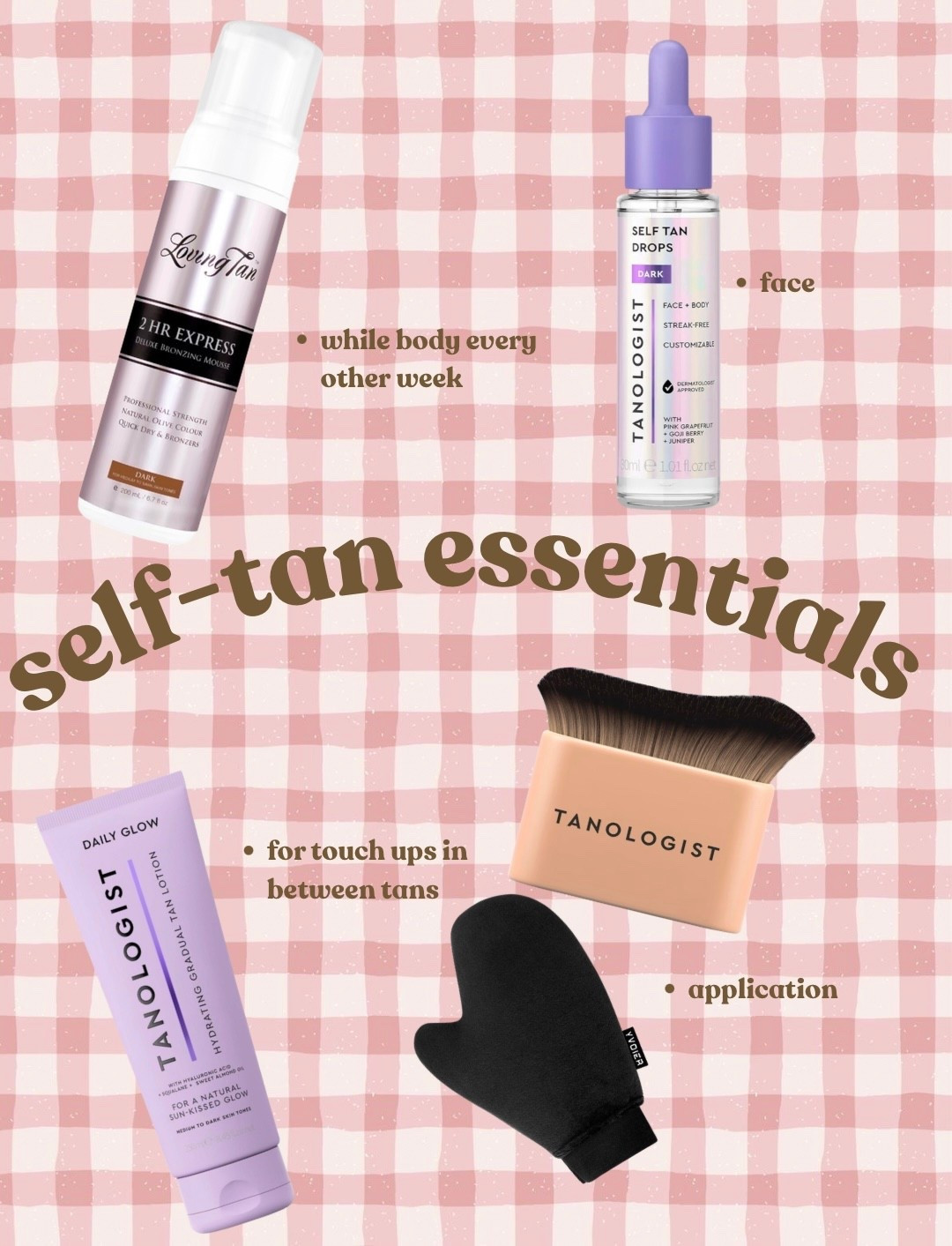 My self essentials!! 

My all time favorite self tanner is the loving tan 2 hour express. I typically leave it on about 4 hours before rinsing off. Not orange or streaky at all! 

I like to use the tanologist gradual tanner to help keep my tan up when I feel like it’s starting to fade. 

I also use the tanologist tanning drops for my face. I use 1 drop pretty much every night mixed with my typical face moisturizer.

For application I just use a tanning mit for all over and then for hands and neck I like to blend extra with a brush. 

#LTKBeauty
