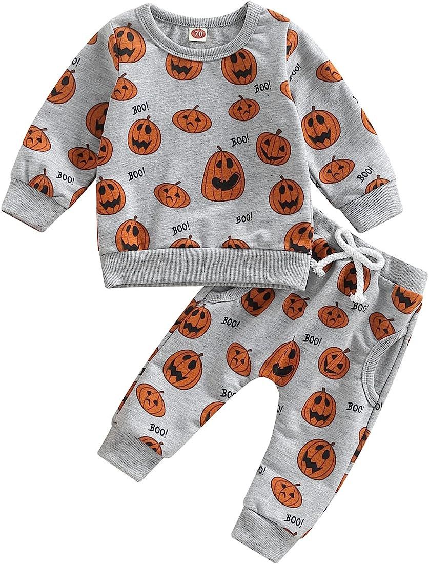 FIOMVA Toddler Baby Girl Boy Halloween Outfit Pumpkin Long Sleeve Sweatshirt Tops Pants Set 2Pcs ... | Amazon (US)