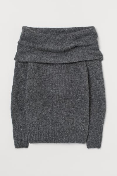 Off-the-shoulder sweater in a soft, fine knit with alpaca wool content. Wide, foldover upper edge... | H&M (US)