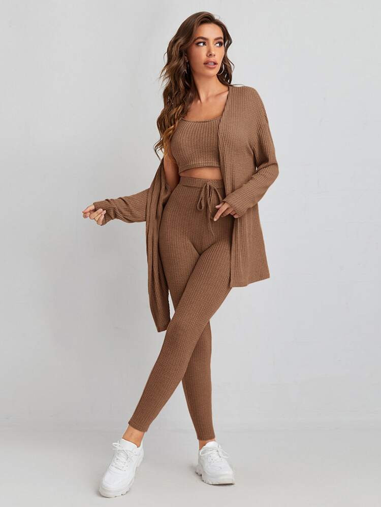 SHEIN Waffle Knit Tank Top And Leggings Set With Coat | SHEIN