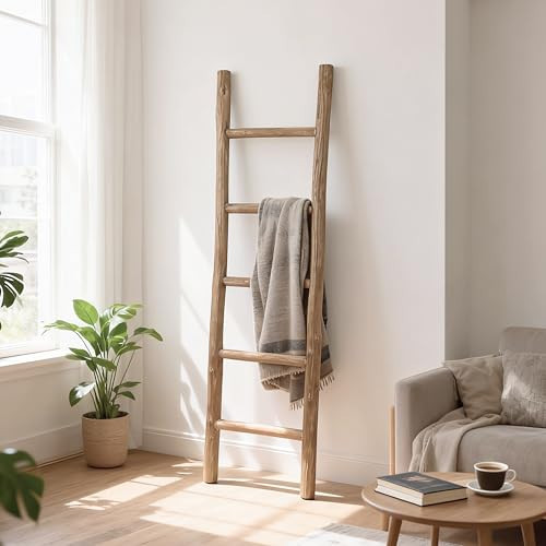 Oujchenghome Natural Wood Blanket Ladder - 57in Natural & Motley Wood - Leaning Wall Decor for Bedroom, Bathroom, Living Room - Rustic Quilt Holder & Towel Rack (Fully Assembled) | Amazon (US)