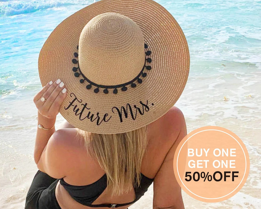 Bride Beach Hat | Pom Pom Sun Hat | Personalized Mrs Gift | Floppy Hat | Bachelorette Party Gifts... | Etsy (US)