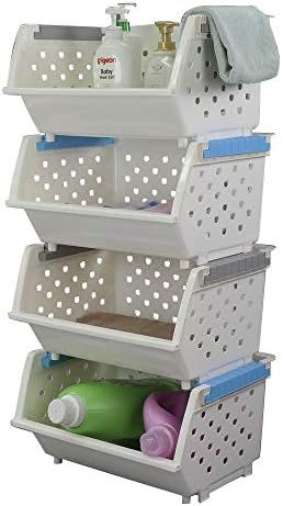 Kekow Plastic Large Stacking Basket Organizer, 4-Pack Multipurpose Stackable Storage Bins, White | Amazon (US)
