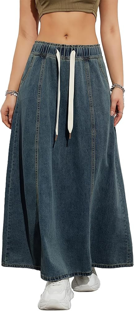 Womens Denim Skirt Casual High Waist Paperbag Elastic A Line Long Maxi Flare Skirt Summer Beach J... | Amazon (US)