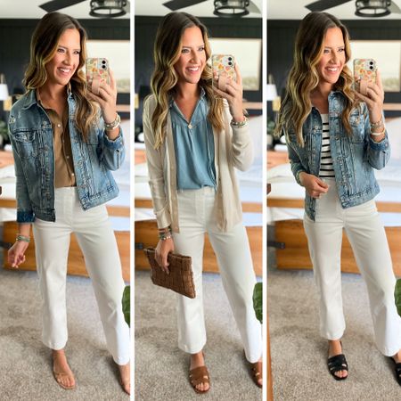 White wide leg pants styling options 

Pants - small tall 
Brown button up - small
Denim jacket - small 
Cardigan - medium 
Chambray blouse - xs 
Stripe sweater tank - small

#LTKstyletip #LTKFind #LTKunder100