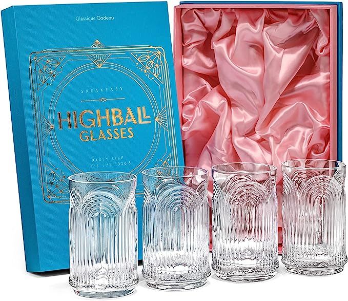 Vintage Art Deco 1920s Highball Cocktail Glasses | Set of 4 | 14 oz Tall Crystal Tumblers for Dri... | Amazon (US)