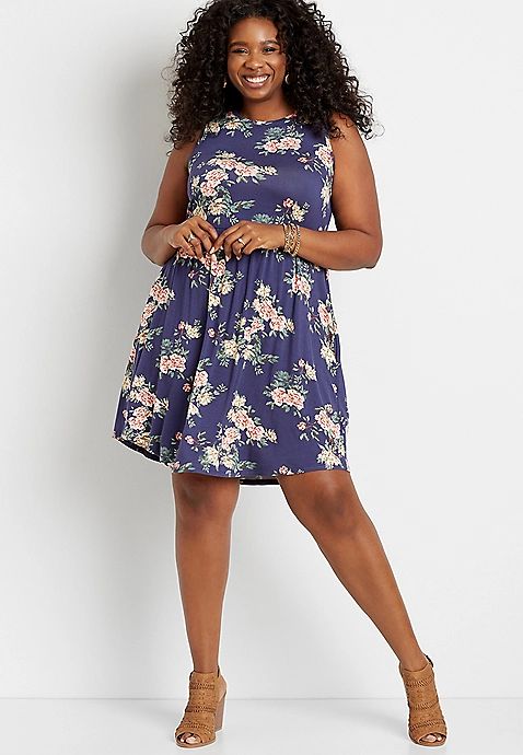 Plus Size 24/7 Blue Floral Empire Waist Pocket Dress | Maurices