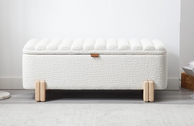 White Sherpa Storage Bench Sofa with Wooden Legs for Bedroom 45.25 in Modern Upholstered Ottoman ... | Amazon (US)