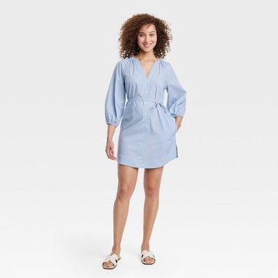 Women's Balloon 3/4 Sleeve Mini Shirtdress - A New Day™ Blue/White Pinstripe XS | Target