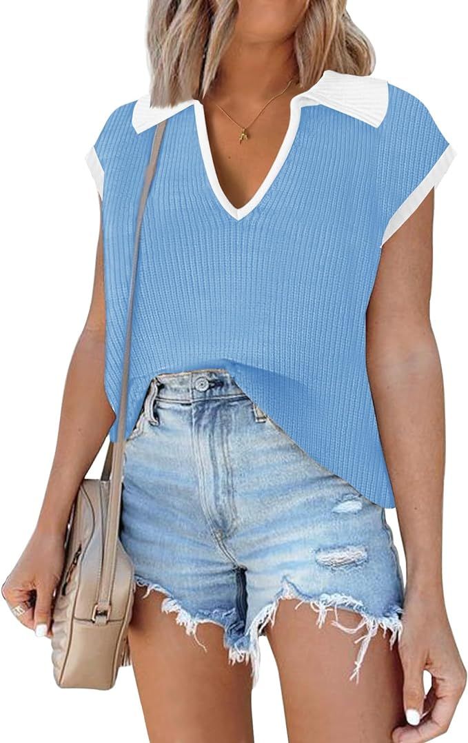 Short Sleeve Sweater for Women 2024 Spring Striped Sweater Vest Polo Sweater Tank Tops Summer Top... | Amazon (US)