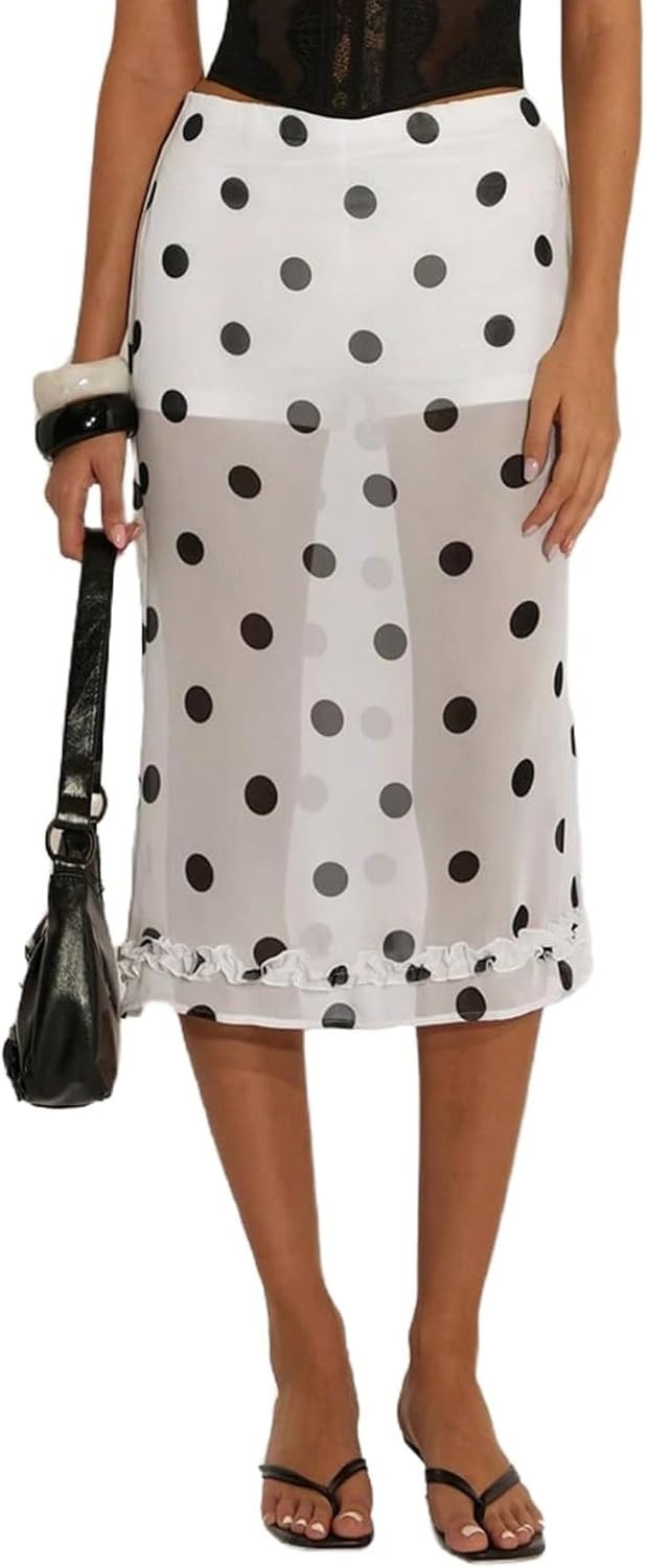 MakeMeChic Women's Polka Dots Skirt Mesh Pencil Midi Skirts | Amazon (US)