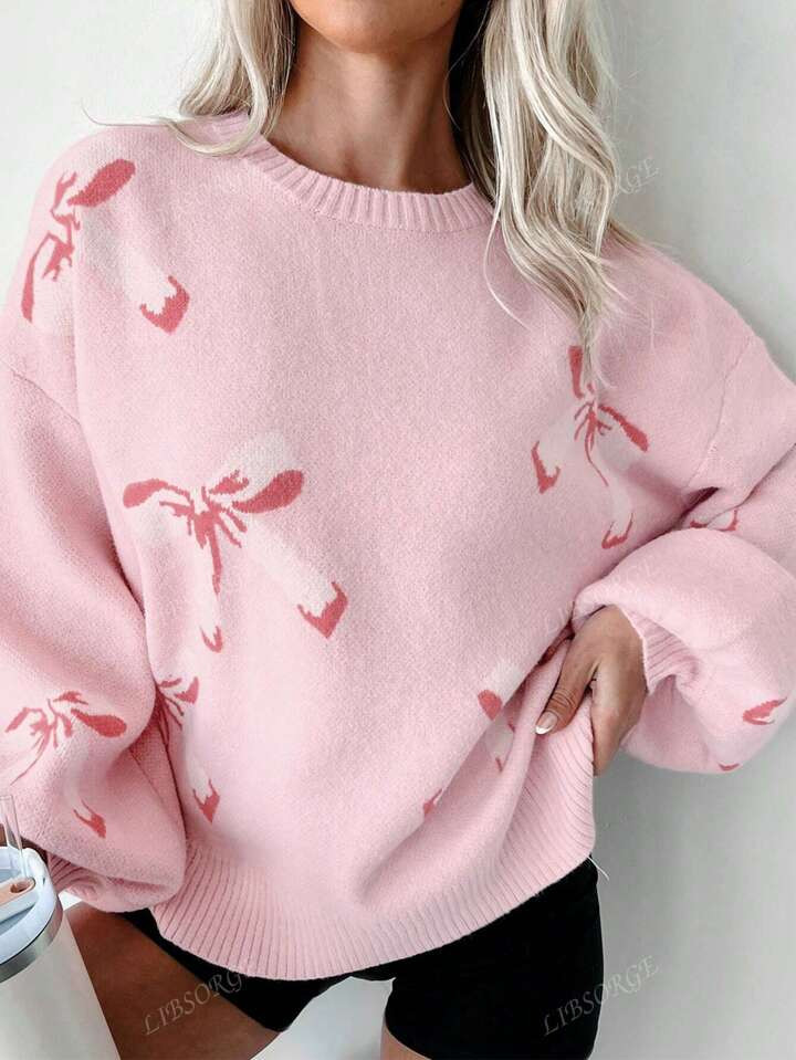 Women's Valentine Day Casual Butterfly Pattern Round Neck Drop Shoulder Sweater, Autumn/Winter,Lo... | SHEIN