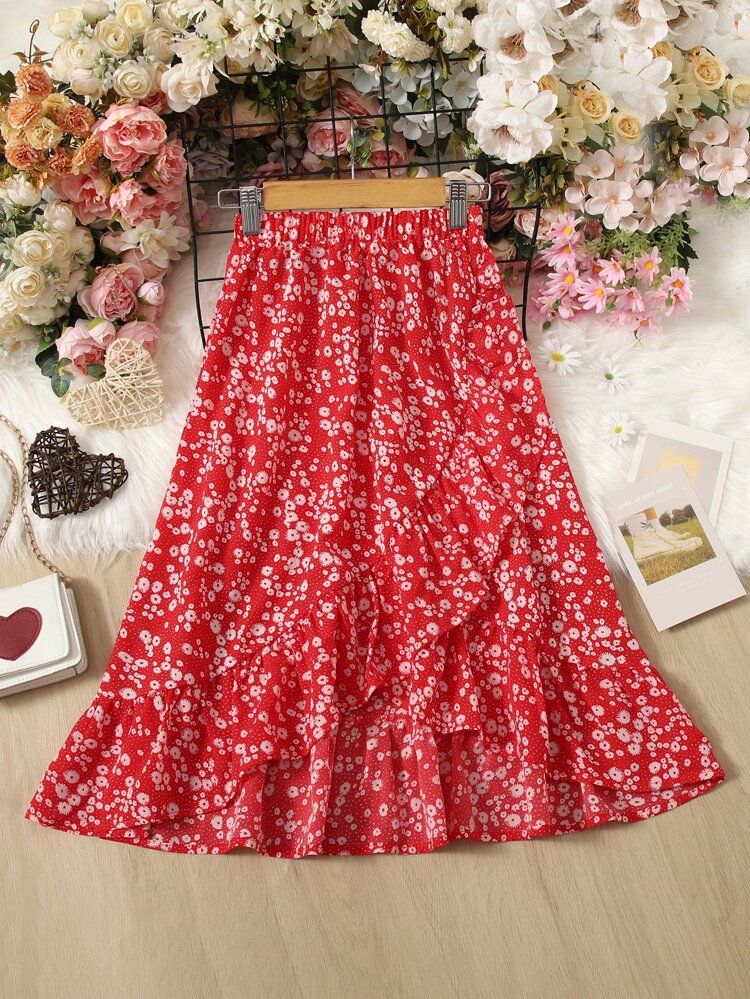 SHEIN VCAY Plus Ditsy Floral Ruffle Hem Skirt | SHEIN