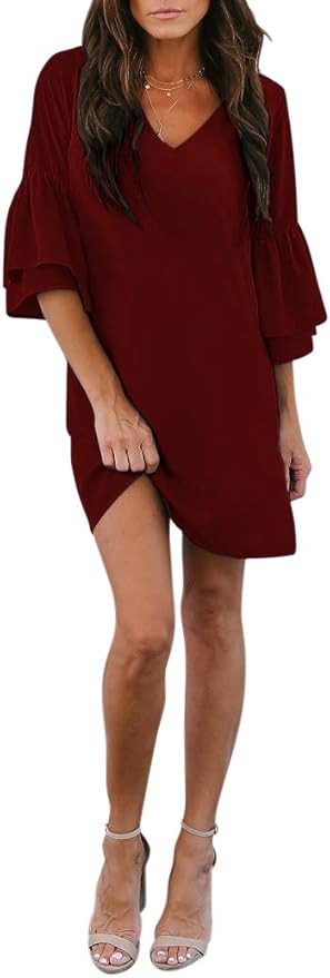 BELONGSCI Women's Dress Sweet & Cute V-Neck Bell Sleeve Shift Dress Mini Dress | Amazon (US)