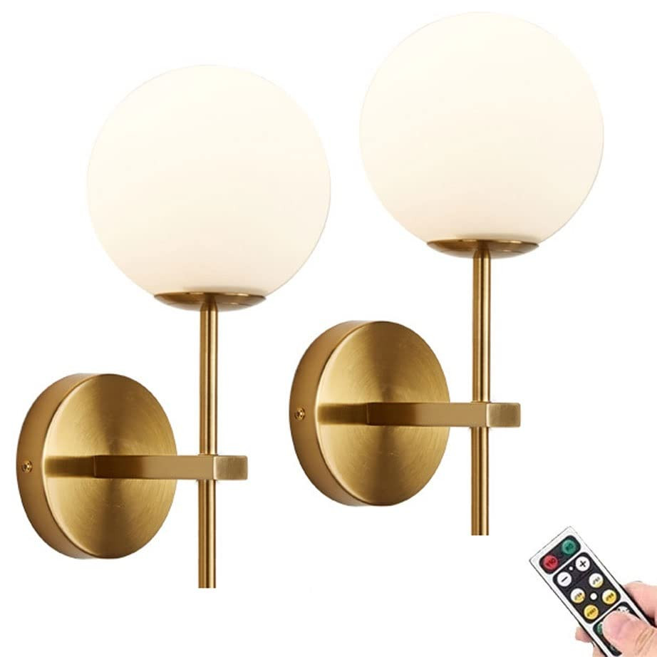 KEFA 2 Pack Battery Operated Wall Sconces / Wall Lights, None Hardwired Brass Gold -White Glass G... | Amazon (US)