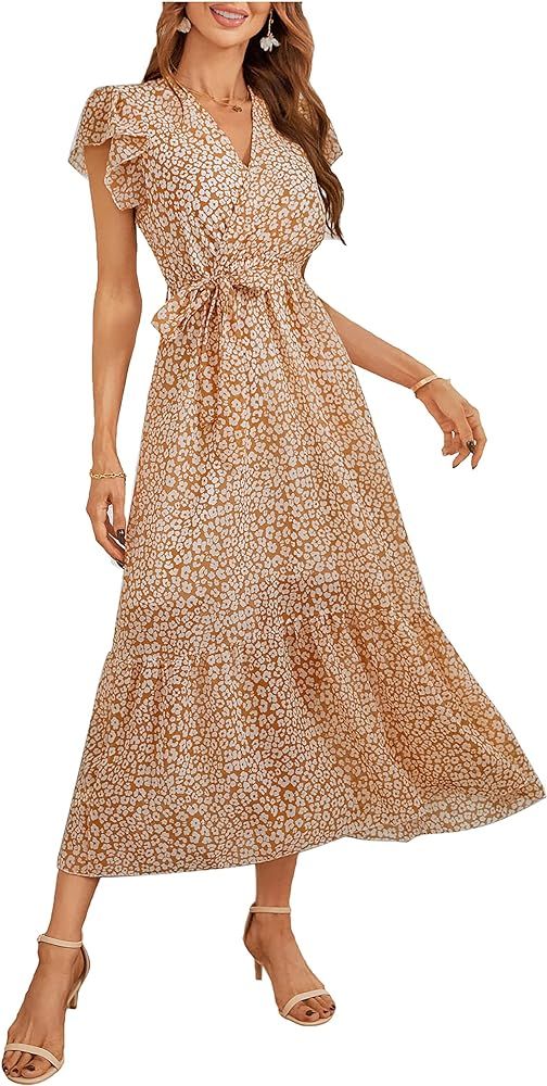 MOUEEY Women's Floral Summer Dress Wrap V Neck Short Sleeve Belted Ruffle Hem A-Line Bohemian Max... | Amazon (US)
