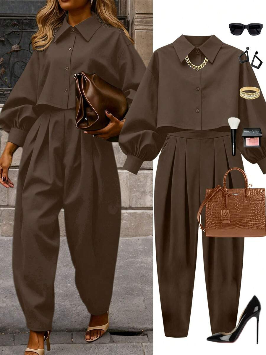 2pcs Plus Size Women's Set, Elegant Solid Color Drop Shoulder Long Sleeve Shirt And Wide Leg Pant... | SHEIN