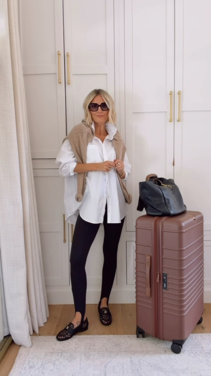 This outfit gives me so much nostalgia from my mom wearing stir up leggings in the 80s/90s! This is such a chic look that is really comfortable! Wearing M in button down & S in leggings!

Loverly Grey, Old Navy, white button down, black leggings, travel outfit, airport outfit, Beis luggage

#LTKSeasonal #LTKTravel