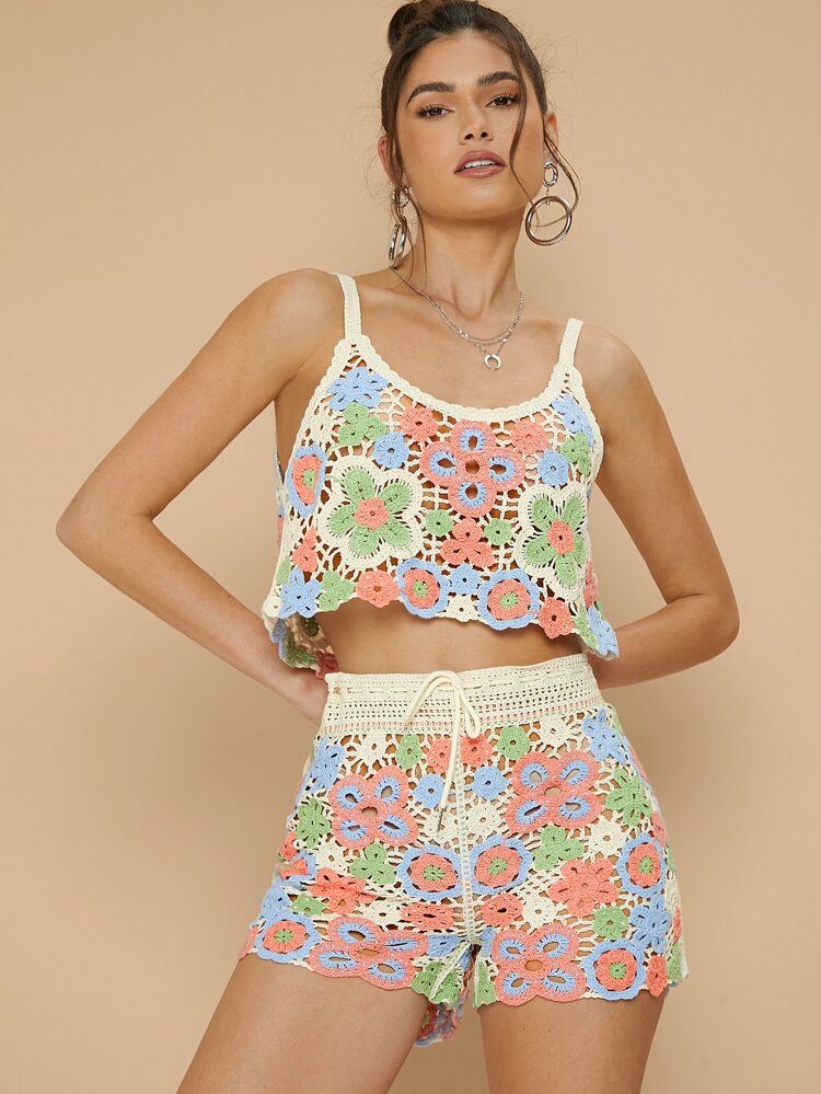 Floral Pattern Crochet Cover Up Top And Shorts Set | SHEIN