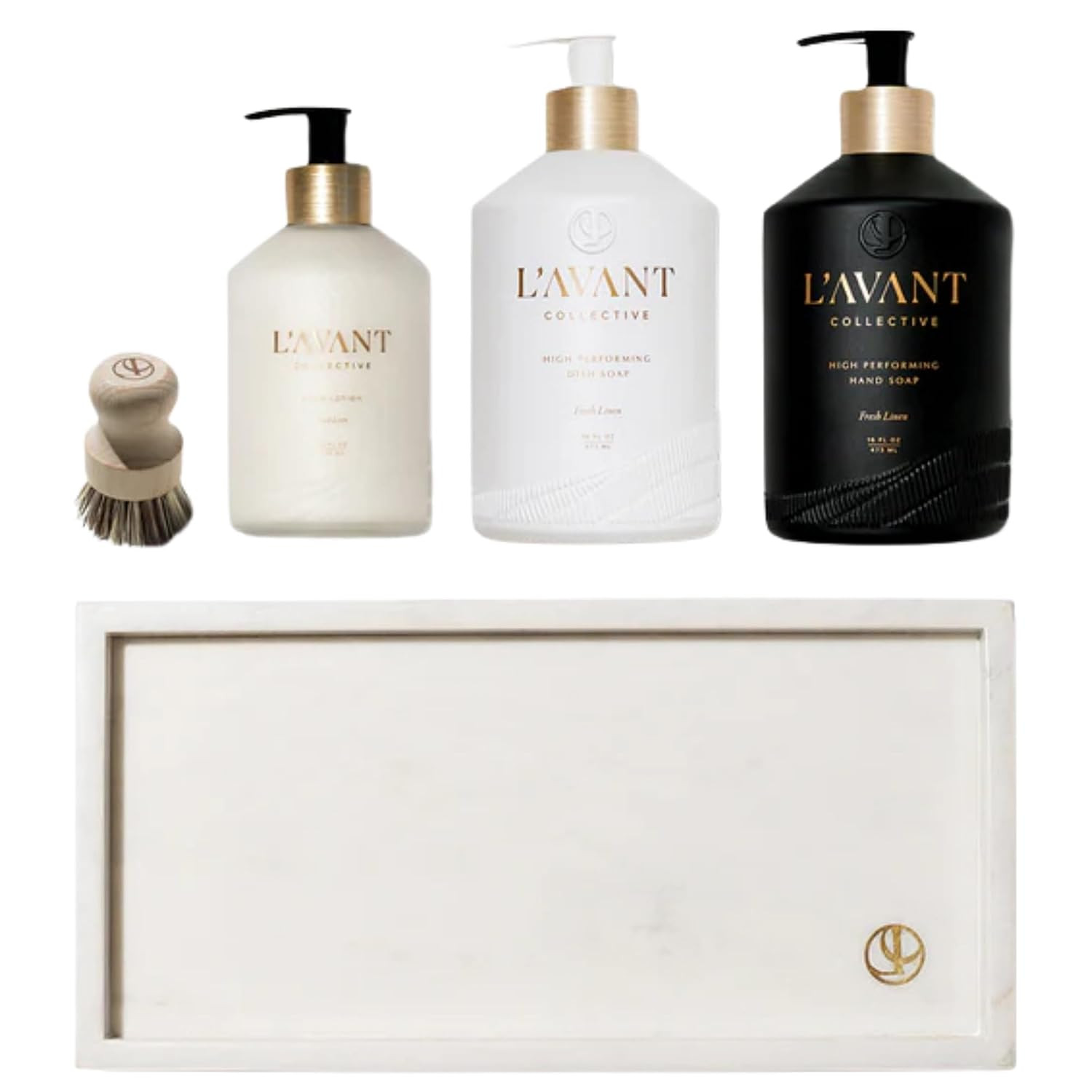 L'AVANT Collective Luxury Sink-Side Starter Bundle Includes Lucite Vanity Tray, Hand & Dish Soap, Hand Lotion in Reusable Glass Bottles & Bamboo Dish Scrubber Kitchen Hostess Gifts (Fresh Linen) | Amazon (US)