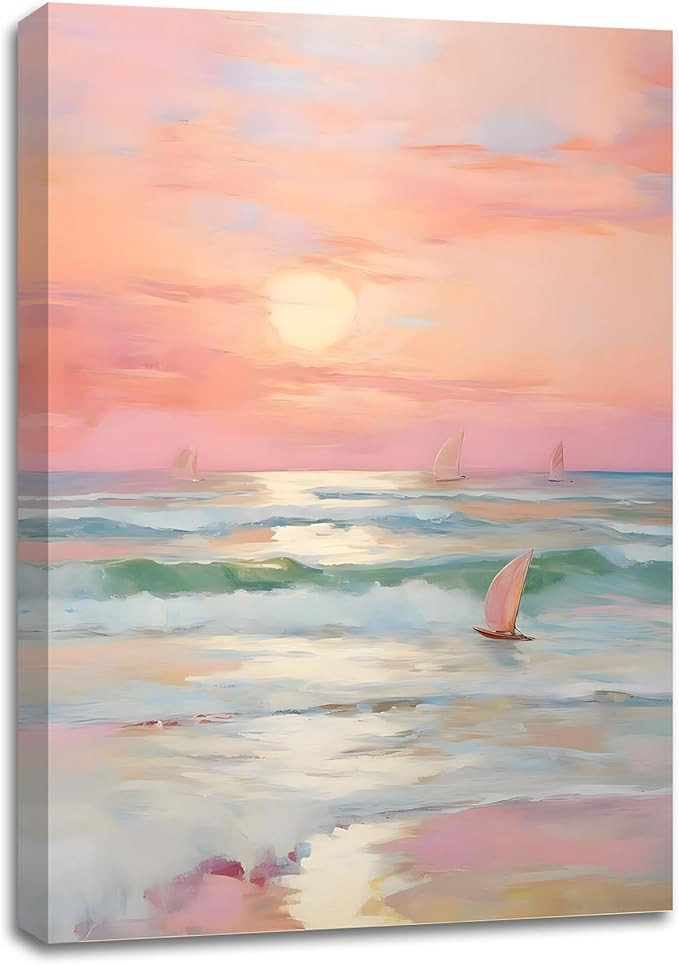 SIXWOOD Pink Ocean Sunset Canvas Wall Art Painting, Pastel Beach Picture with Waves and Sailboats... | Amazon (US)