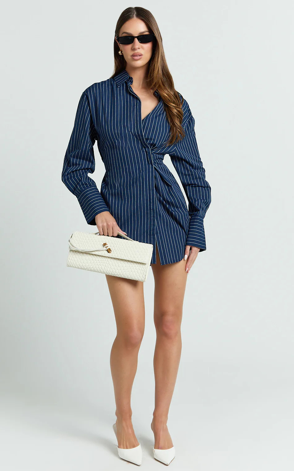 Sanya Mini Dress - Cinched Waist Stripe Dress in Navy Pinstripe | Showpo (US, UK & Europe)