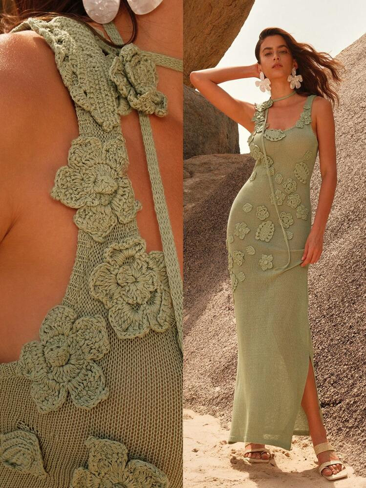 Anewsta Vintage Elegant Handmade Crochet 3D Flower Texture Knitted Bodycon Dress | SHEIN