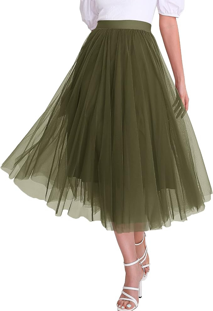 Women’s Tulle Skirts Midi Elastic High Waist Pleated Mesh Flowy A-Line Party Long Tutu Skirts... | Amazon (US)