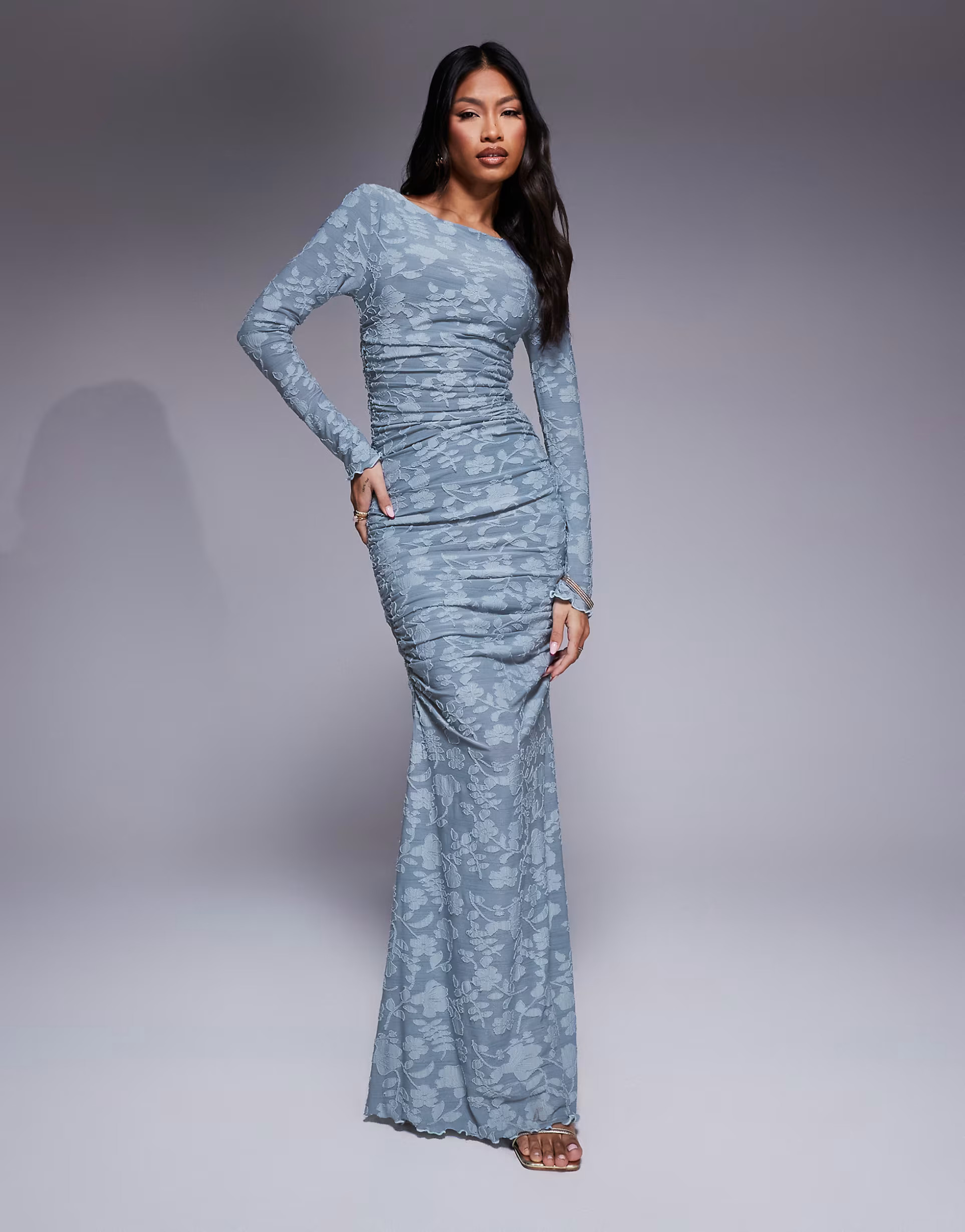 ASOS DESIGN devore long sleeve ruched maxi dress in blue | ASOS | ASOS (Global)