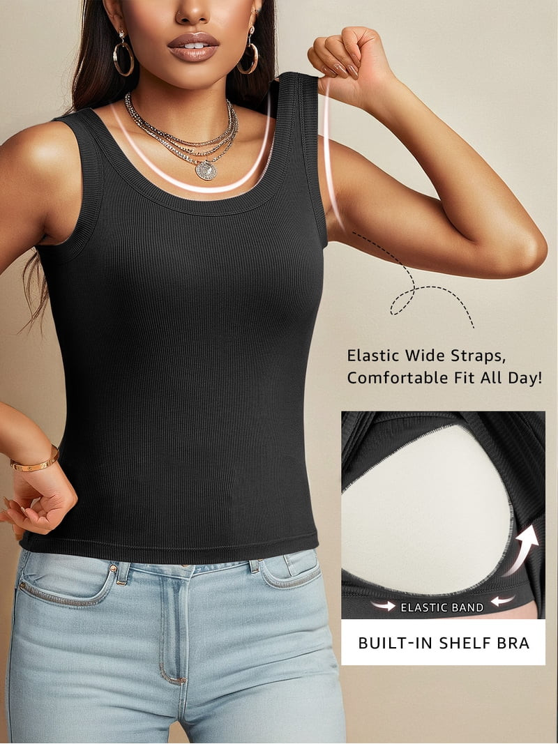 Anygrew Womens Tank Tops with Built in Shelf Bra Basic Stretchy Padded Camisole Casual Layering T... | Walmart (US)