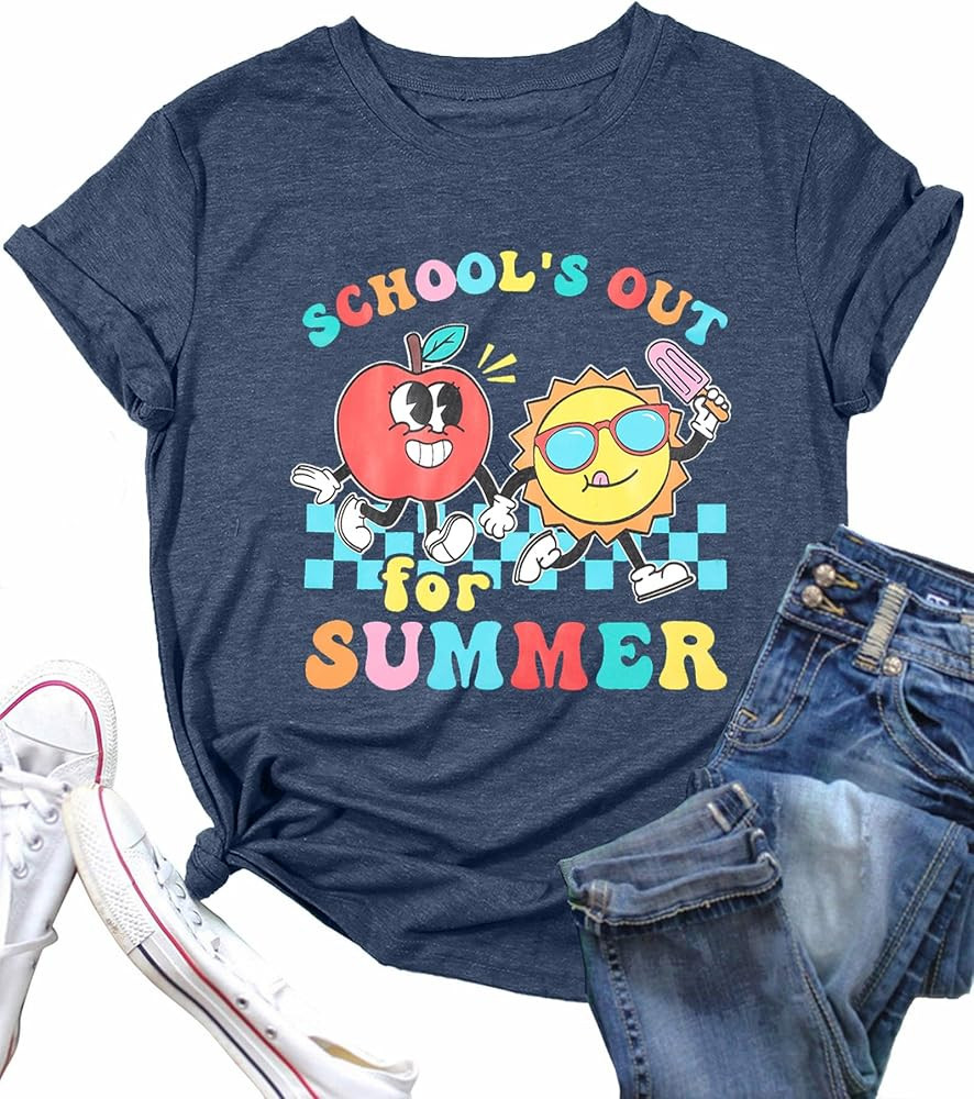 Schools Out for Summer Shirt Women Last Day of School Teacher Shirts Cute Short Sleeve Vacation T... | Amazon (US)
