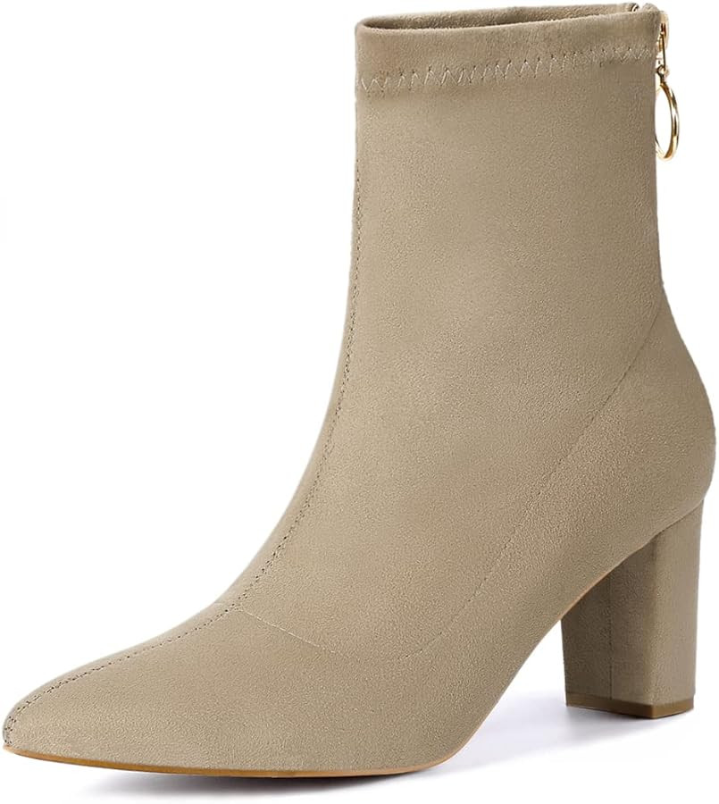 Allegra K Women's Pointed Toe Zipper Chunky Heels Ankle Boots | Amazon (US)