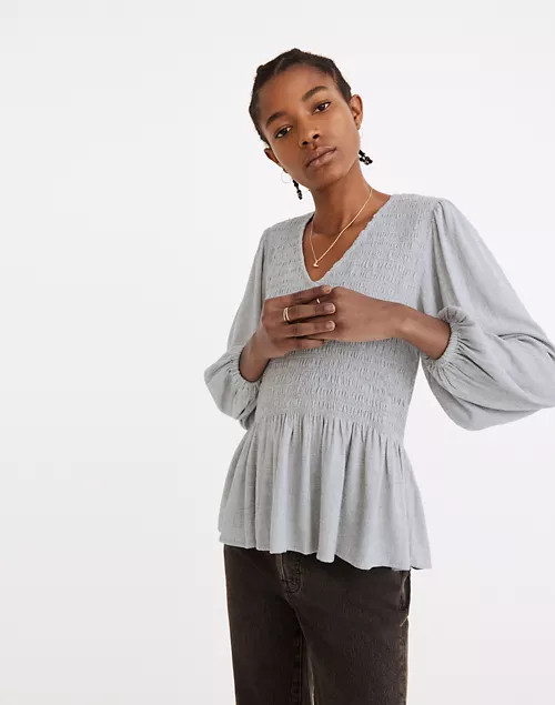 Lucie V-Neck Smocked Peplum Top in Wool Gauze | Madewell
