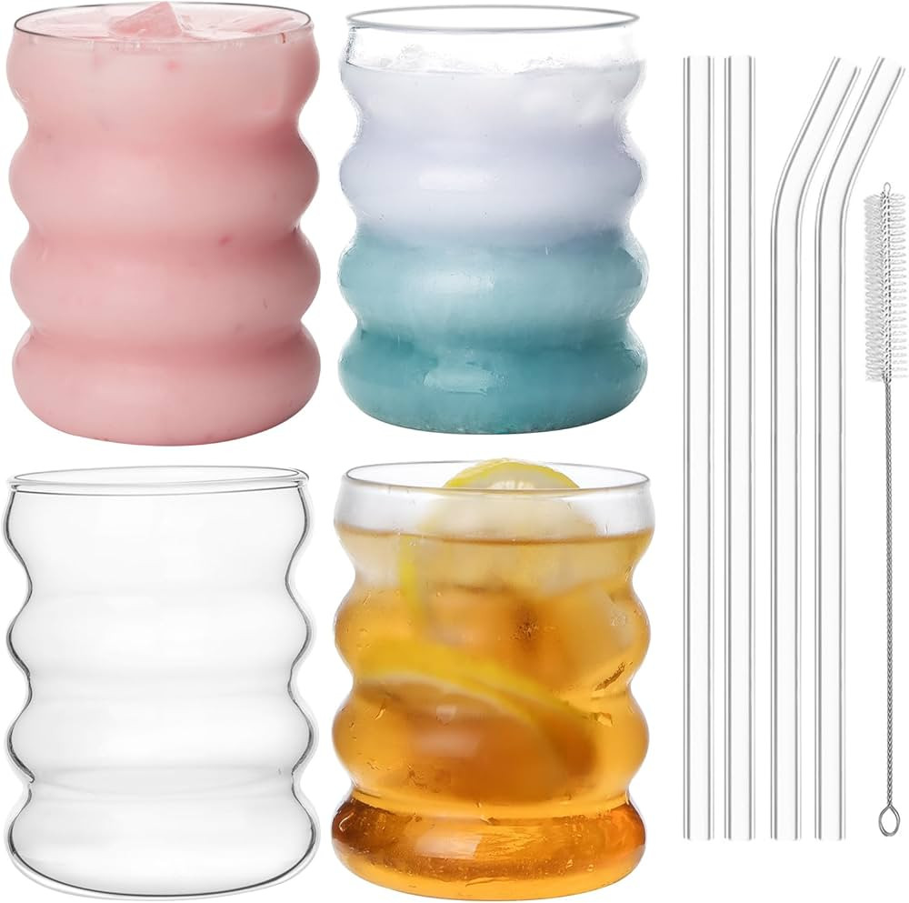10oz Drinking Glasses with Straws - Cute Wave Glass Cups for Girls - Set of 4 Cocktail Glasses fo... | Amazon (US)