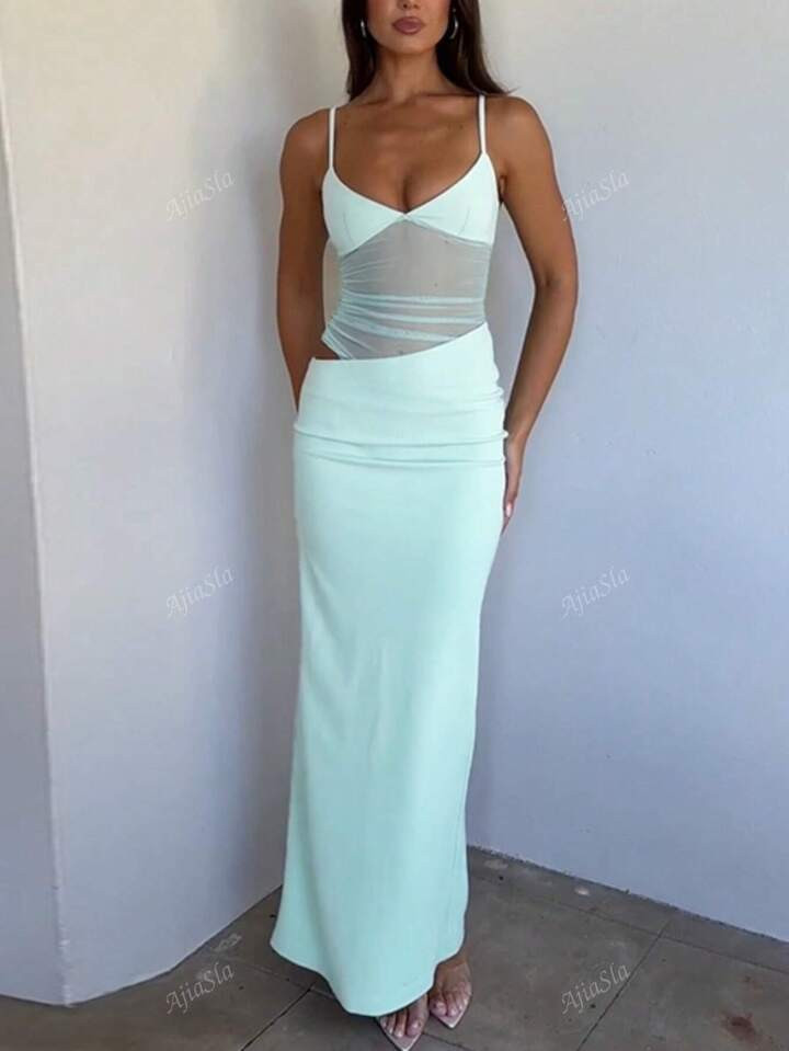 A Sexy Gauze Gauze Splicing Asymmetrical Hollow Halter Slimming Dress Multi-Color Optional | SHEIN