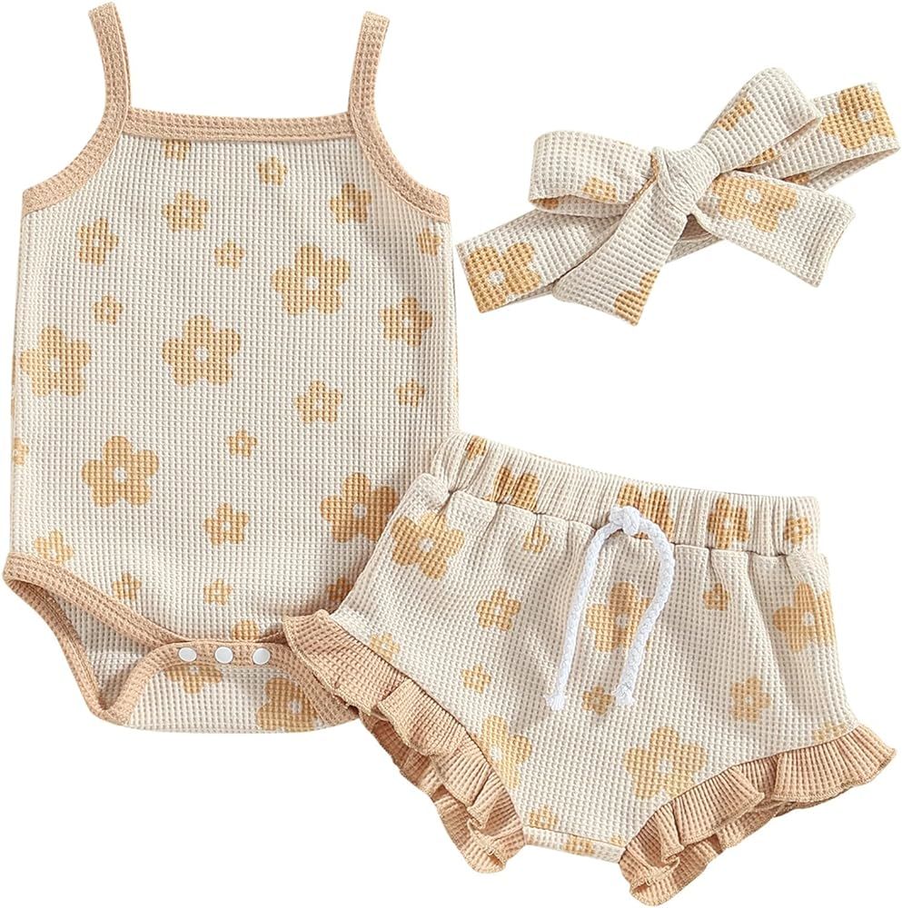 Mubineo Baby Girl 3PCS Summer Boho Rompers Outfits Bodysuit Shorts Clothes Headband Set | Amazon (US)
