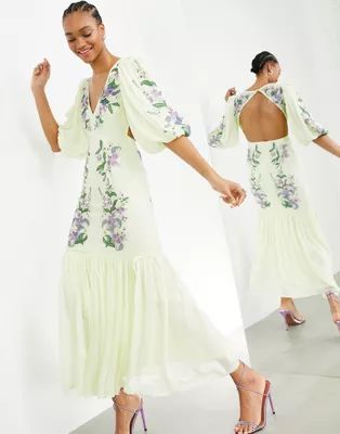 ASOS EDITION floral embroidered tiered maxi dress in lemon | ASOS (Global)