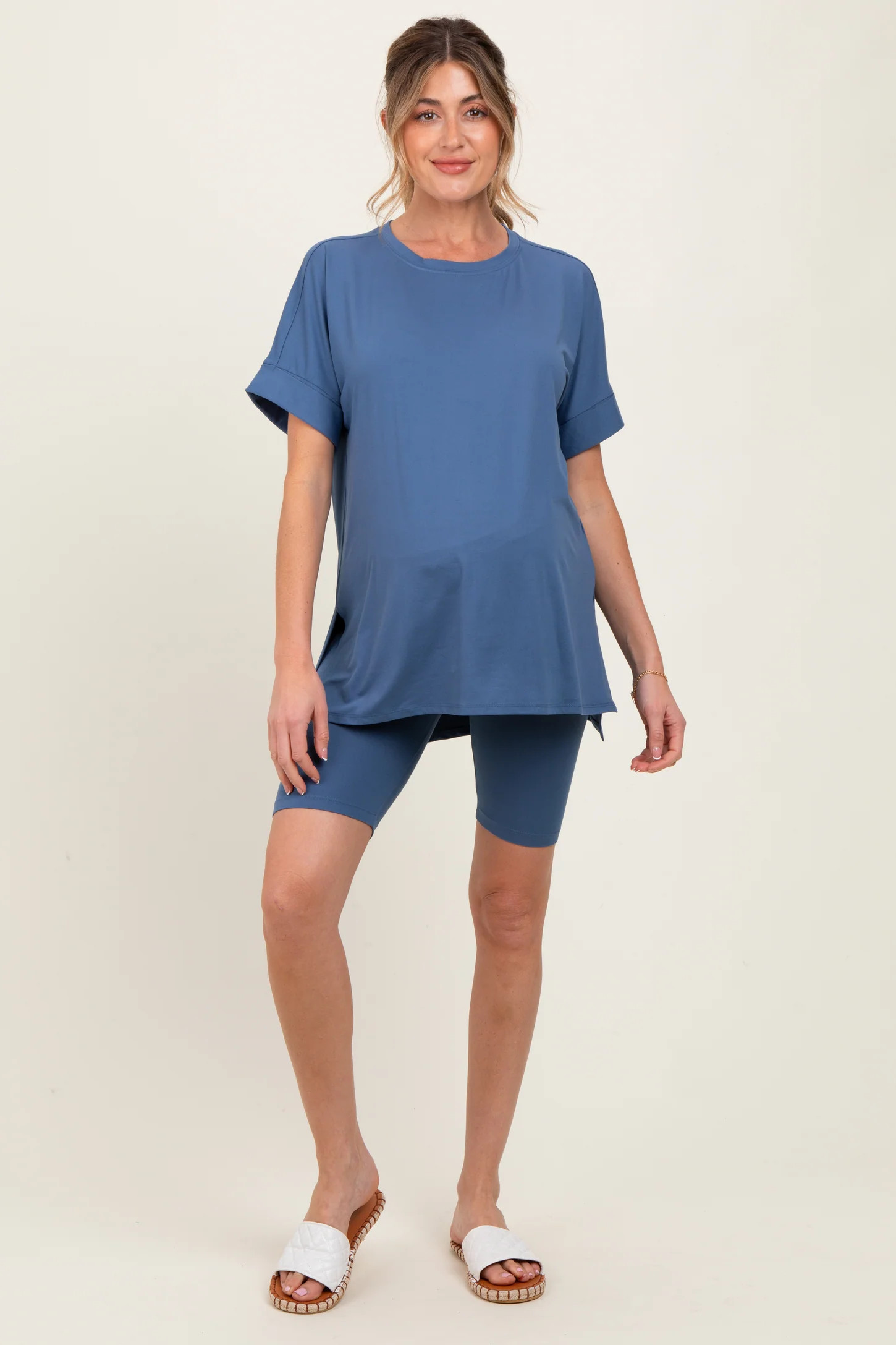 Blue Hi-Low Short Sleeve Tee Biker Short Maternity Set | PinkBlush Maternity