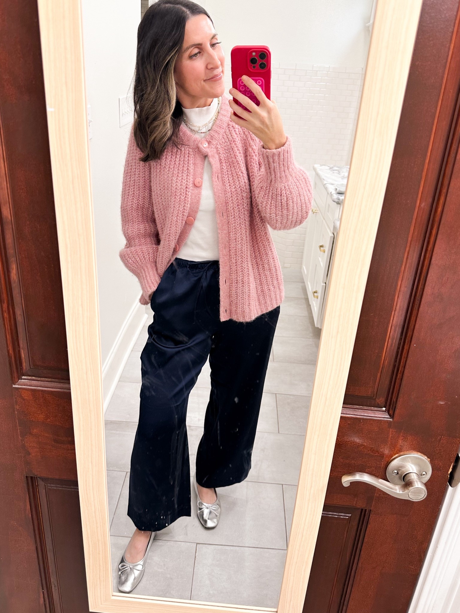 Sezane cardigan - wearing XS
Satin pants - wearing small petite (I’m 5’4”)

#LTKootd #LTKmomlife #LTKOver40