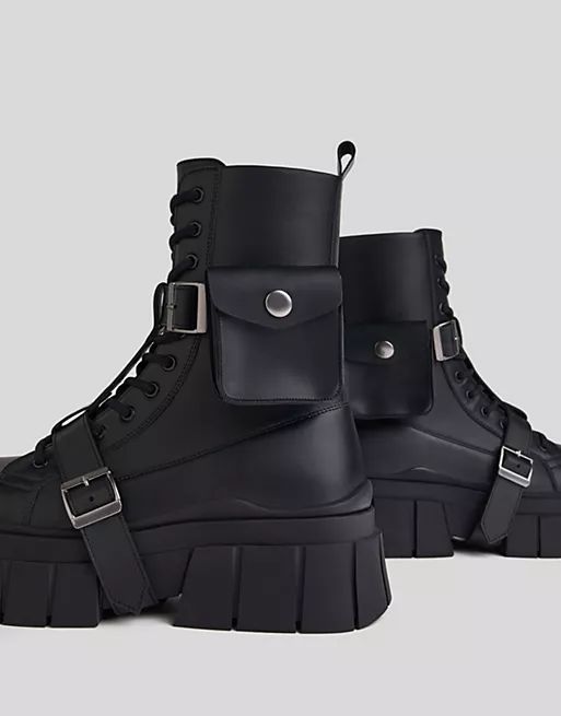 Bershka chunky sole boot with buckles and pocket in black | ASOS (Global)