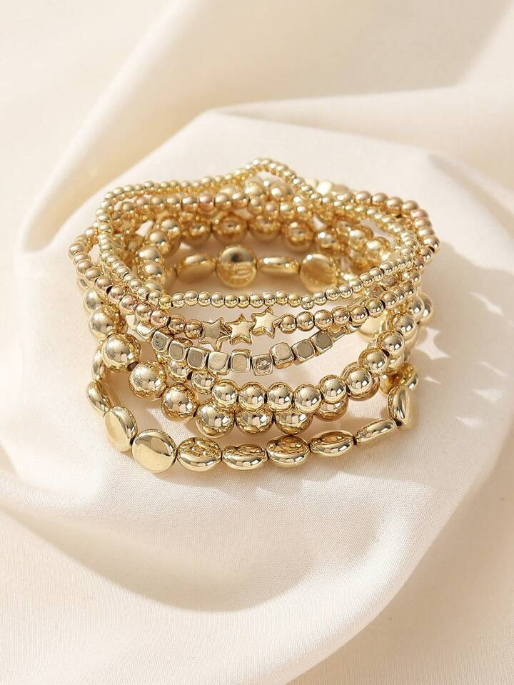 6pcs/set Fashionable Minimalist Ccb Material Irregular Round Bead & Geometric Square Beaded Brace... | SHEIN