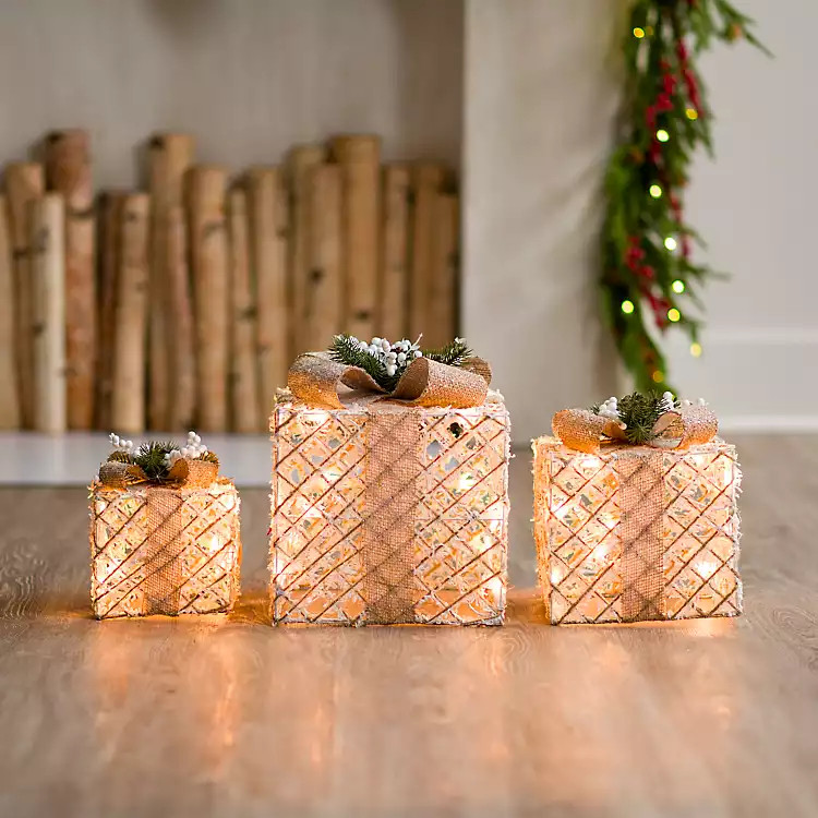 Pre-lit Neutral Burlap Gift Box, 8 in. | Kirkland's Home