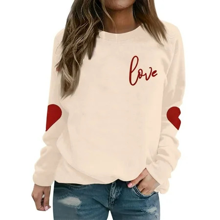 Huresd Valentines Sweatshirt for Women Long Sleeve Heart Sweatshirt Crewneck Raglan Sleeve Sweater Beige M | Walmart (US)