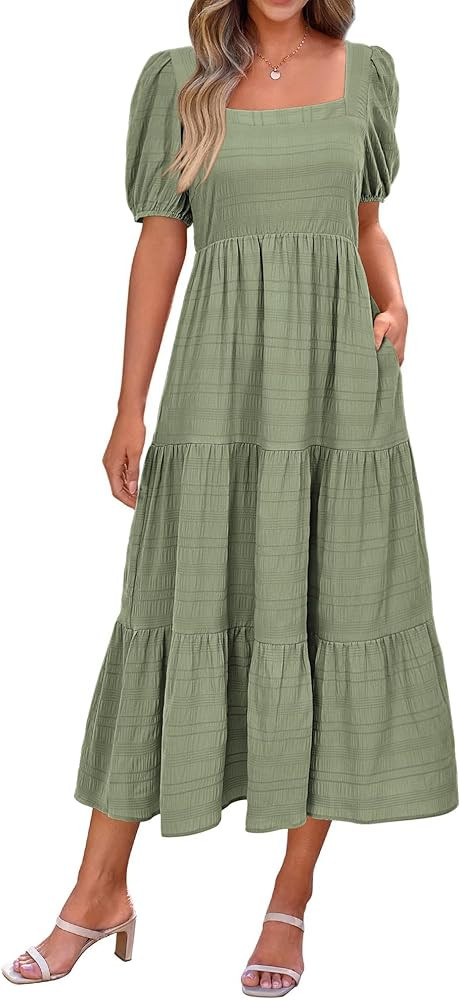 PRETTYGARDEN Women's Summer Dresses 2024 Puff Sleeve Square Neck High Waist Smocked A-Line Flowy ... | Amazon (US)