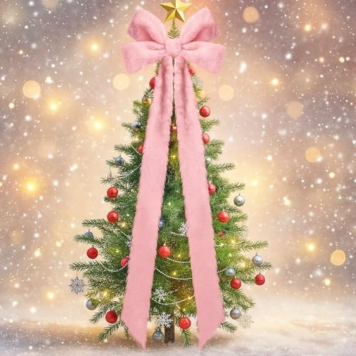 Soulchen Large Christmas Tree Topper Bow, 15 x 50 Inch Faux Fur Pink Christmas Tree Bows Plush Xmas Decorations for Xmas Holiday Party Wedding Home Door Decor Supplies | Amazon (US)