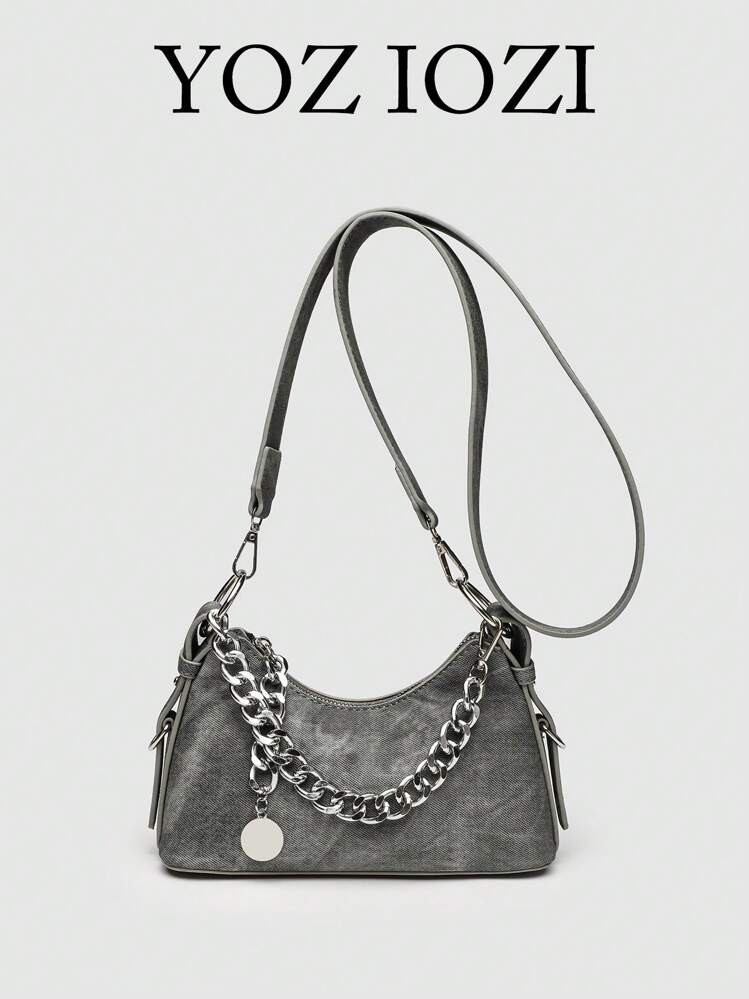 1 Peça Bolsa De Ombro Em PU Cinza Com Corrente, Moda, Versátil, Design De Nicho, Casual, Leve, Bolsa De Ombro De Estilo Relaxado Personalizado Para Mulheres | SHEIN