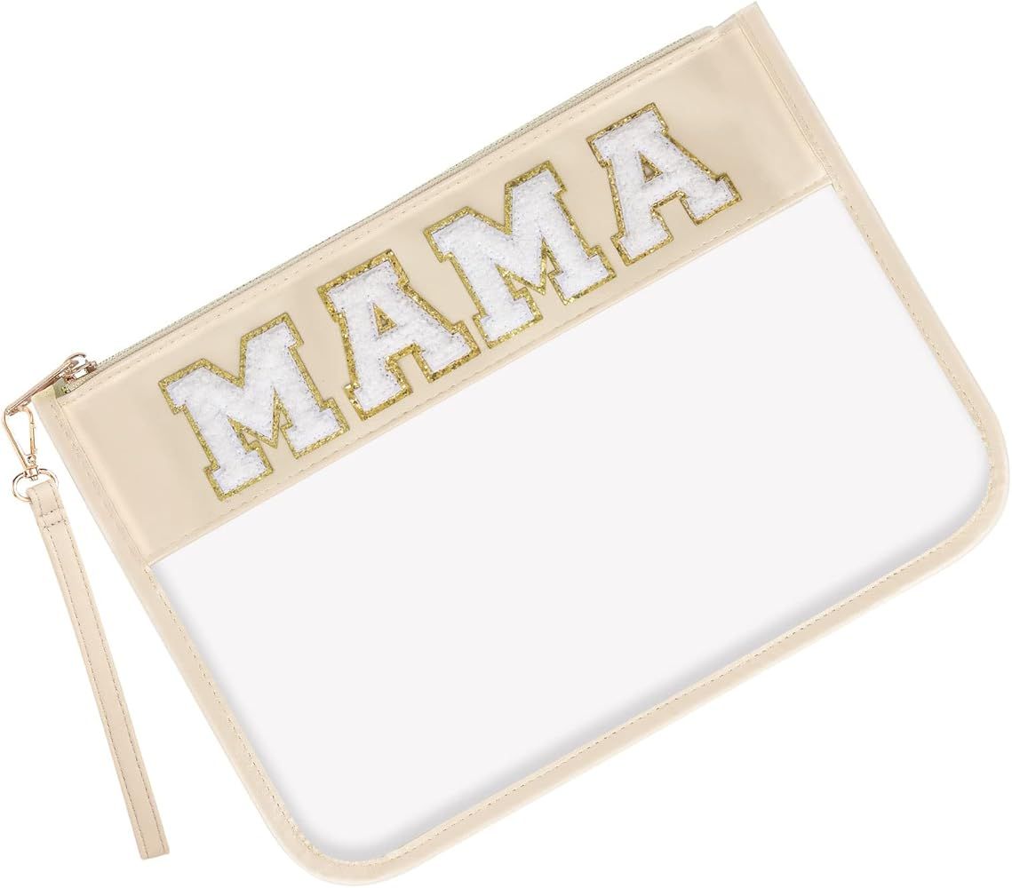 Iqimott Monogram Letter Clear Mama Bag, Chenille Glitter Letter Makeup Cosmetic Bag Patch Zipper ... | Amazon (US)