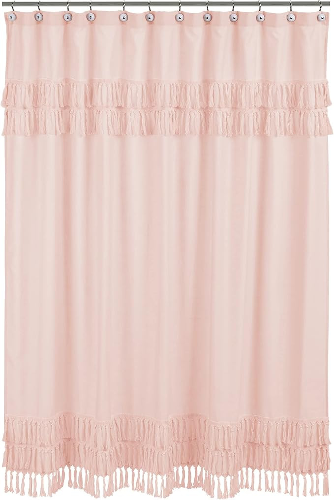 Sweet Jojo Designs Pink Boho Bohemian Bathroom Fabric Bath Shower Curtain - Solid Color Blush Sha... | Amazon (US)
